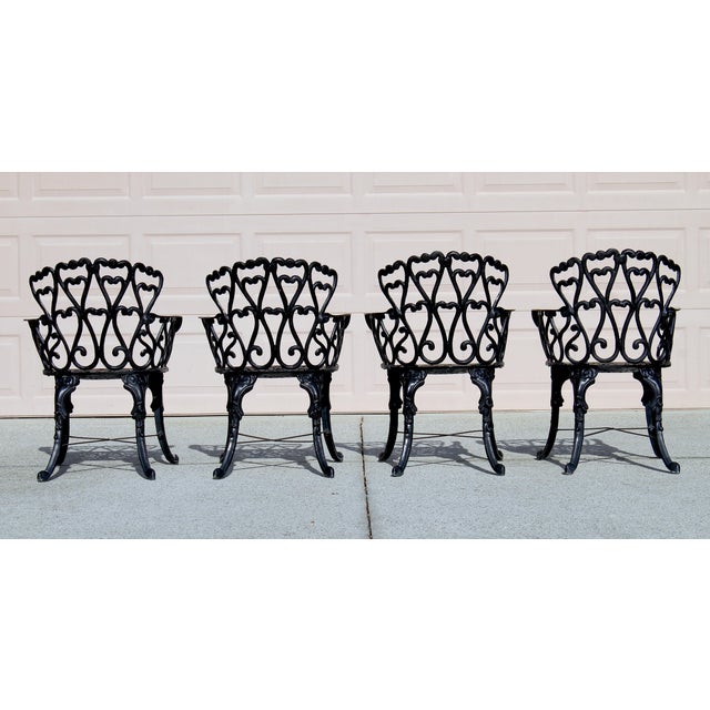 Metal Mid-Century Ornate Cast Aluminum Patio Dining Set – Filigree Round Table With 4 Heart-Back Armchairs For Sale - Image 7 of 16