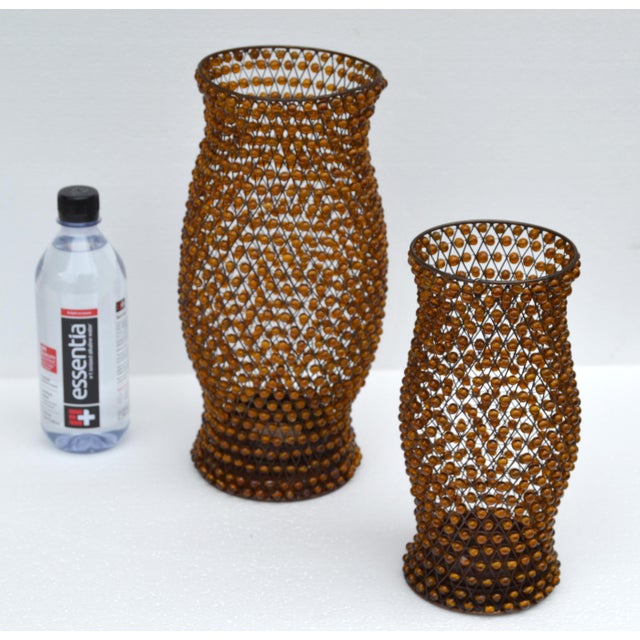 Set 2 Vintage Decorative Amber Gemstone Beaded Lattice Hourglass Shaped Candle Holders For Sale - Image 14 of 15