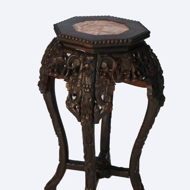 1920s Antique Chinese Carved Rosewood Rouge Marble Top Table For Sale - Image 5 of 10
