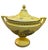 This striking vintage ceramic lidded urn showcases a vibrant yellow glaze contrasted with intricate black transfer-printed...