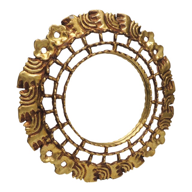 Vintage Wood Round Mirror With Gold-Leaf Finish From Peru For Sale