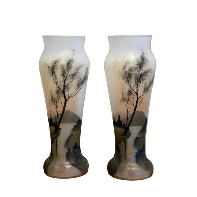 Art Nouveau Pair of Early 20th Century Frosted Glass Vases With Hand-Painted Landscapes For Sale - Image 3 of 12