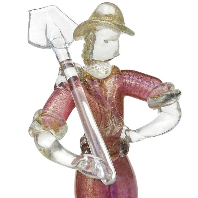 Murano Murano Vintage Sommerso Pink Gold Flecks Italian Art Glass Male Female Farmer Figure Sculptures - A Pair For Sale - Image 4 of 10