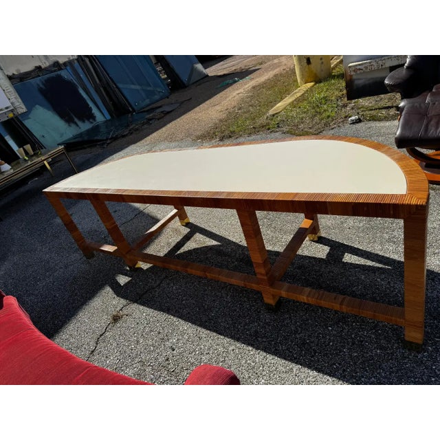 Late 20th Century Vintage Demilune Laminate Top Rattan and Brass Console Table For Sale - Image 5 of 7