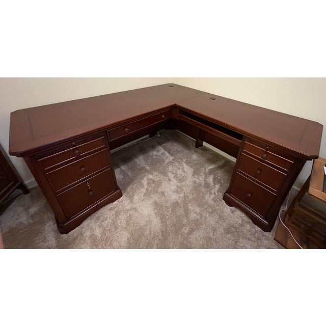 Brown Late 20th Century Traditional Cherry Wood L-Shaped Executive Corner Desk With Integrated File Storage For Sale - Image 8 of 13