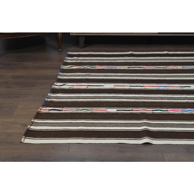 Beige Brown Bold Striped Antique Vintage Oushak Wool Kilim Rug For Sale - Image 9 of 11