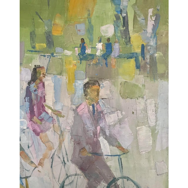 Such a fun piece! In brilliant pastel shades of blues, pinks, yellows, and greens, this mid century painting has so much...