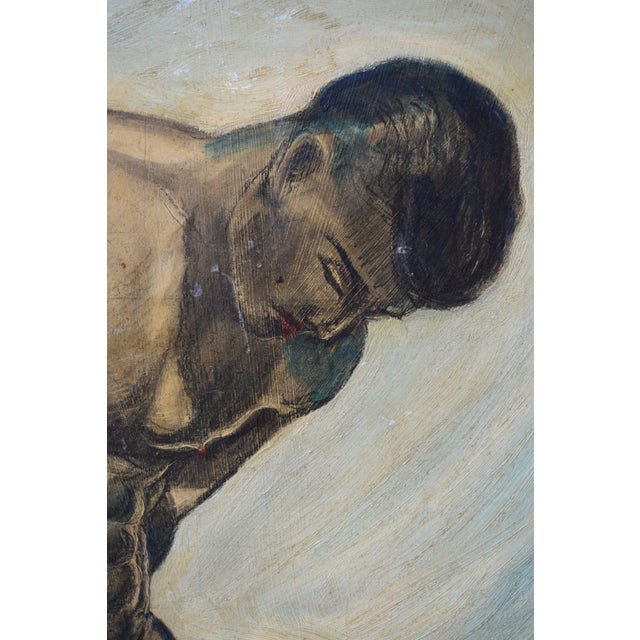 Green Vintage Art Deco Style Kneeling Male Nude Oil on Board Painting, Circa Mid 20th Century For Sale - Image 8 of 18