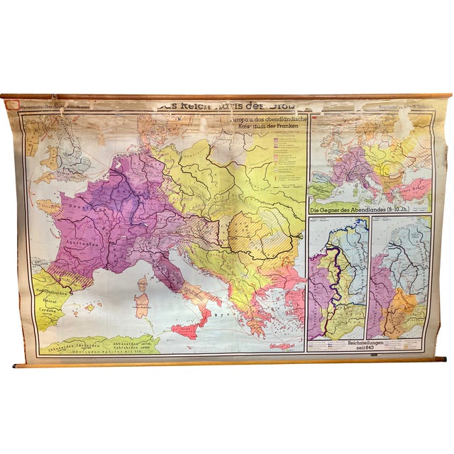 German Fabric, Paper & Pine Map, 1950s For Sale