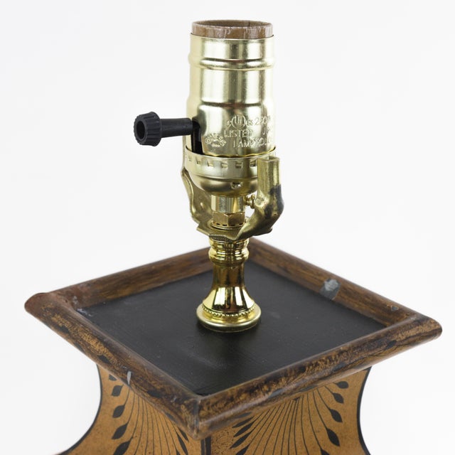 Pair of Vintage Tole Neoclassical Style Hand-Painted Table Lamps For Sale - Image 4 of 12