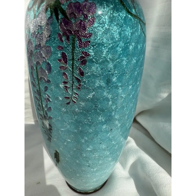Paint Japanese Cloisonne Enamel Vase Wisteria Ice Blue Ground 7 in Antique Meiji Era For Sale - Image 7 of 14