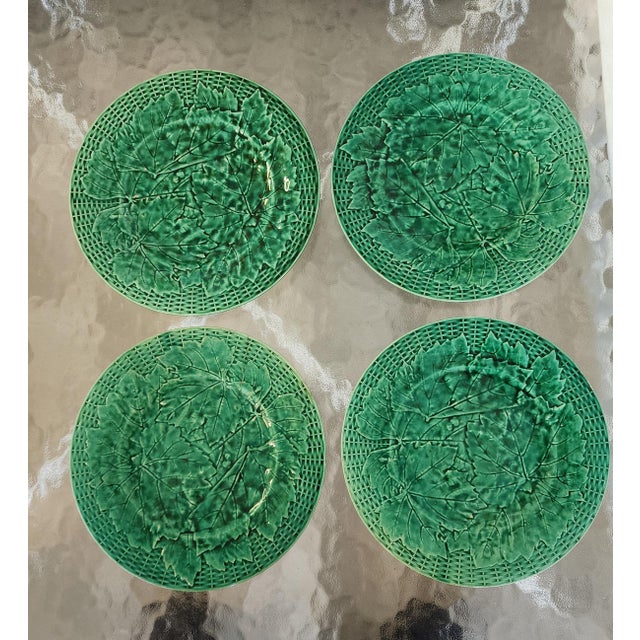 Antique 19th Century Minton Majolica Green Leaf Basketweave Plates - Set of 4 For Sale In New York - Image 6 of 16