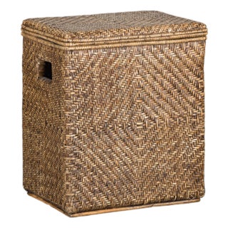 Vintage Rattan Over Wood Storage Basket with Removable Lid and Side Handles For Sale