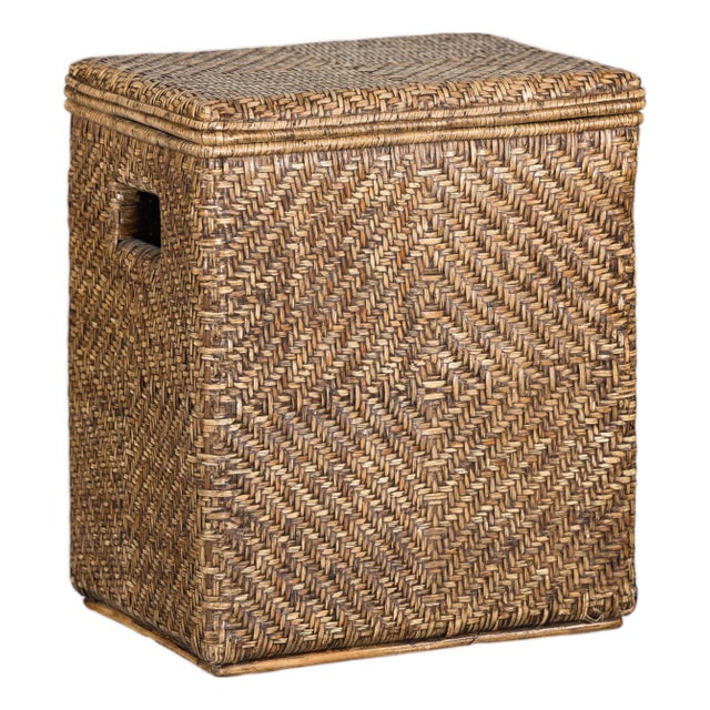 Vintage Rattan Over Wood Storage Basket with Removable Lid and Side Handles For Sale