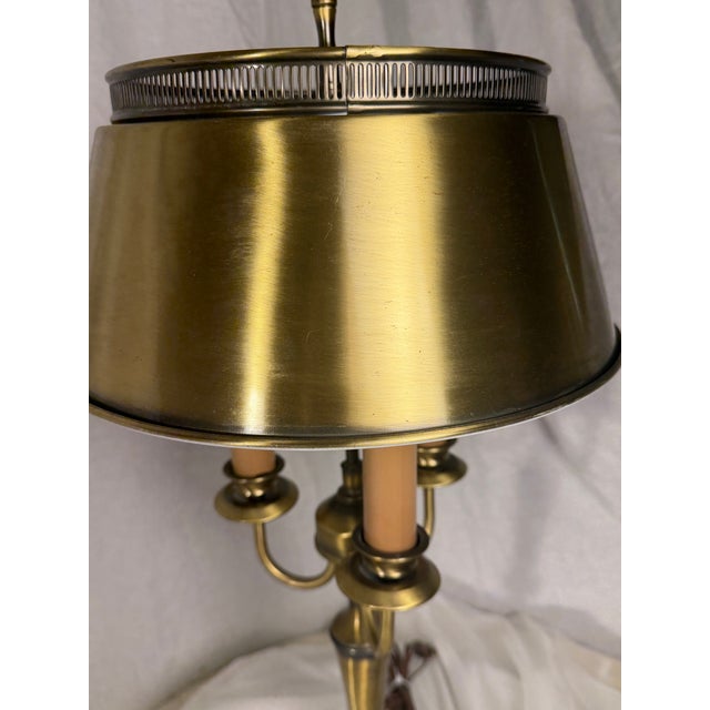 Neoclassical 1960s French Neoclassical 3-Arm Brass Bouillotte Table Lamp With Pierced Tole Shade For Sale - Image 3 of 12