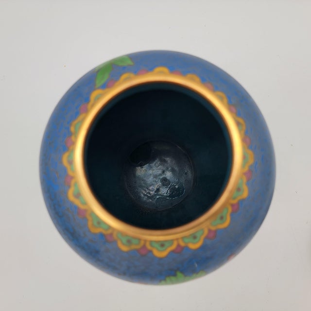 Metal Large Blue Chinese Cloisonne Urn For Sale - Image 7 of 11
