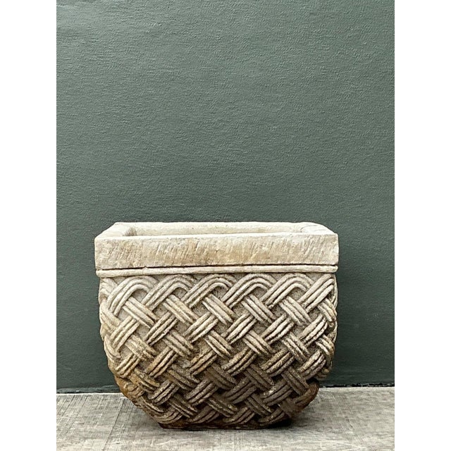 Stone Vintage Basketweave Stone Planter For Sale - Image 7 of 15