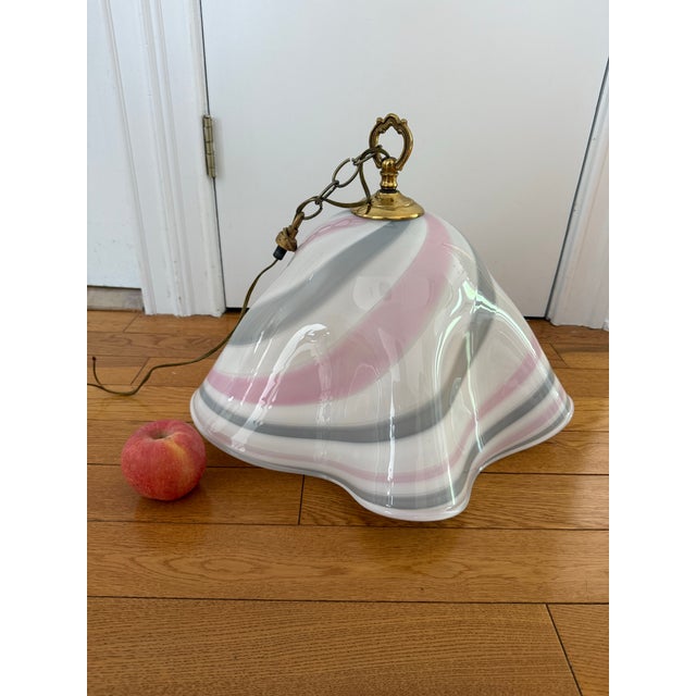 Large White Pink Glass Pendant Light in the style of Murano, by Mazzega-Fazzoletto Italy , 1970