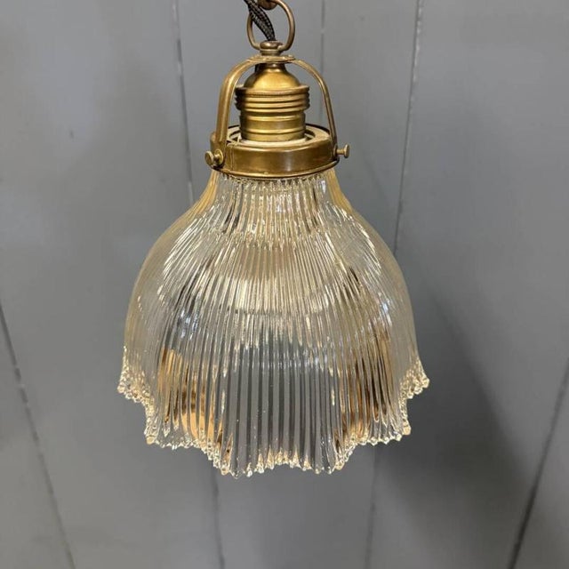 Small Pressed Glass Pendant Lamp with Brass Fixture from Holophane, 1930s For Sale - Image 11 of 17