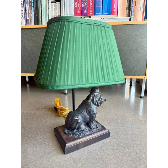 Vintage Mario Buatta Frederick Cooper Bronze Bulldog Lamp Original Green Shade For Sale In Las Vegas - Image 6 of 16