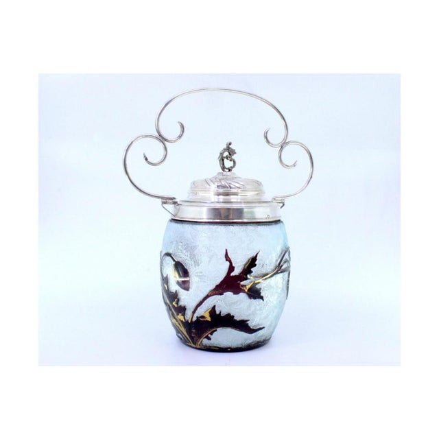 Glass Candy Box with Embossed Engravings, Silver Applications and Lid with Hollow Knob and Hinged Handle For Sale - Image 6 of 8