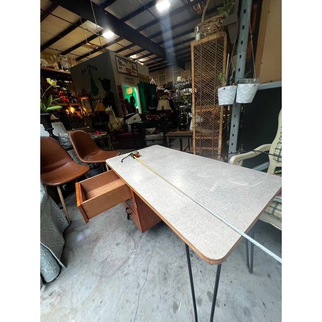 Vintage Petite Wooden Desk With Iron Legs For Sale - Image 11 of 11