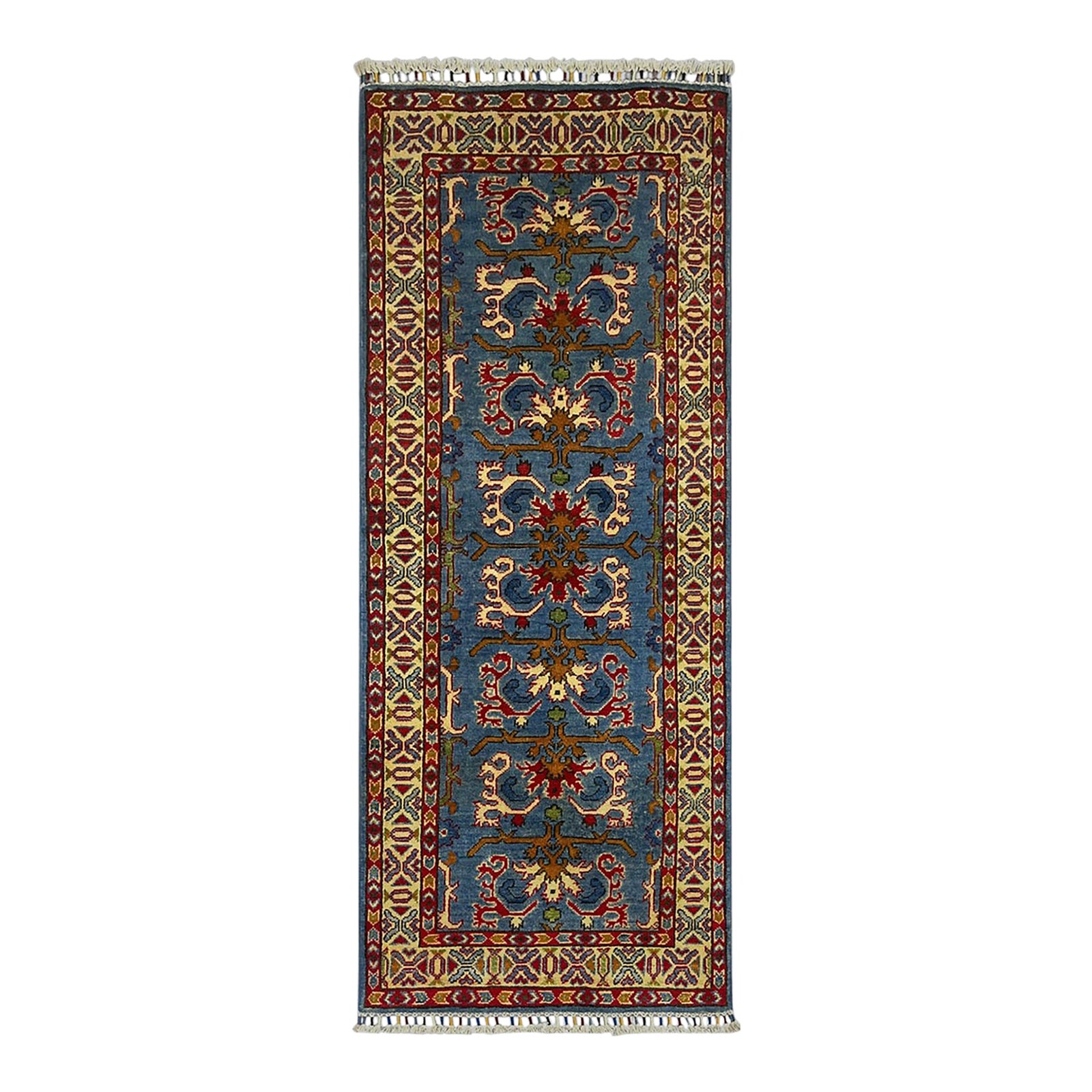 Blue and Cream Floral Wool Runner Rug With Natural Dyes, 2'6