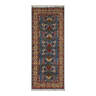Blue and Cream Floral Wool Runner Rug With Natural Dyes, 2'6" X 6'3" For Sale