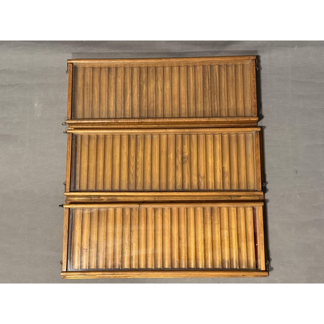 3 Antique Wooden Cigar Display Boxes, possibly for retail, each measuring 54 x 20 x 4.5 cm. Removable trays and glass....