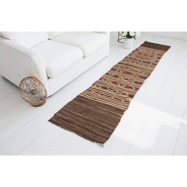 Turkish Mid 20th Century Handwoven Brown Tribal Hallway Rug For Sale - Image 3 of 10