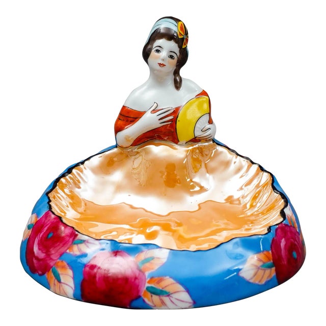 Early 20th Century Noritake Japan Art Deco Hand Painted Lustre Figural Lady Porcelain Trinket Dish For Sale