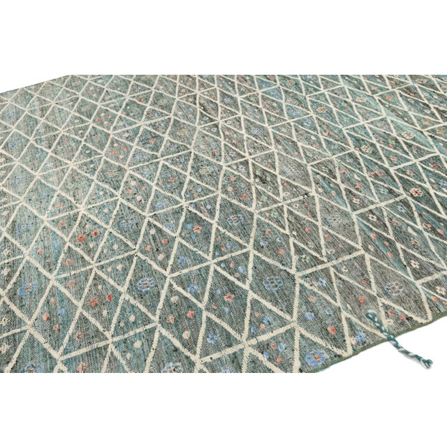 Modern Moroccan Style Geometric Rug – Hand-Knotted Teal & Charcoal Wool 9x12 For Sale - Image 9 of 11
