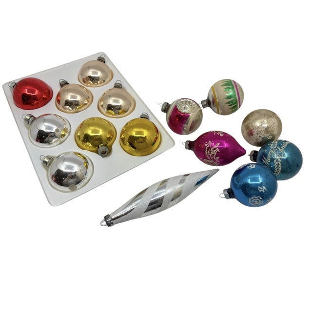 Mid century vintage mercury glass ornaments. An array of different ornaments and sizes. Sizes vary from 2” to 7”. The...