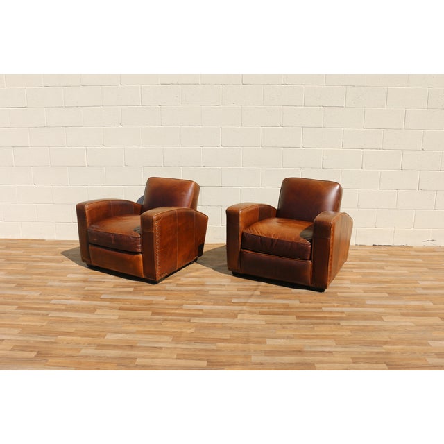 1980s Vintage Pair Art Deco Revival Distressed Brown Leather Club Chairs & Ottomans, 1980s For Sale - Image 5 of 18
