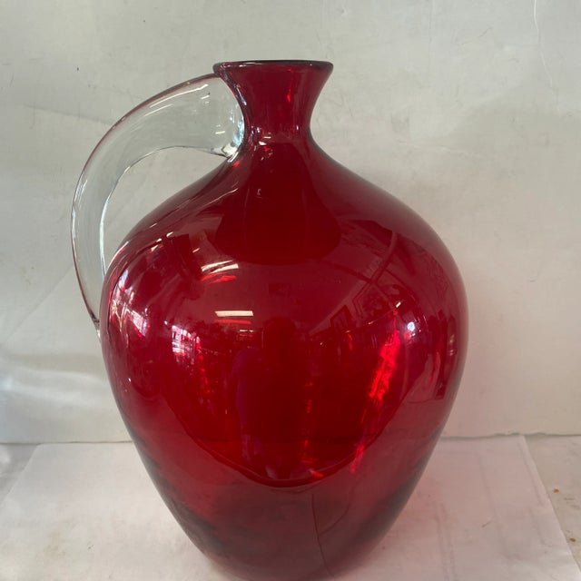 Modern Large 1980s Red Glass Vase With Clear Handle by Blenko For Sale - Image 3 of 7