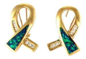 Diamond & Opal 14k Yellow Gold Ribbon Loop Post Clip Earrings - 2 Pieces