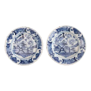 Antique 18th Century Delft Dutch Chinoiserie Floral Bird Plates