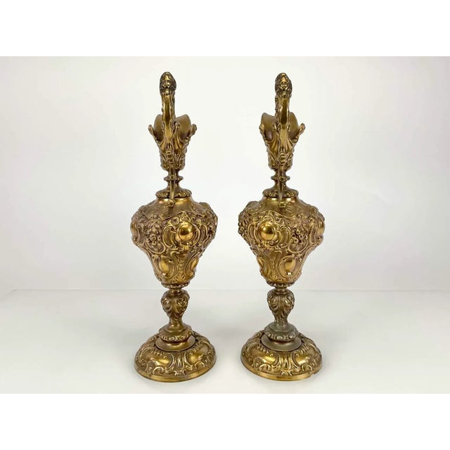Rococo Pair of Ornate Rococo Revival Brass Ewers – Mid-Century Mantel Décor For Sale - Image 3 of 7