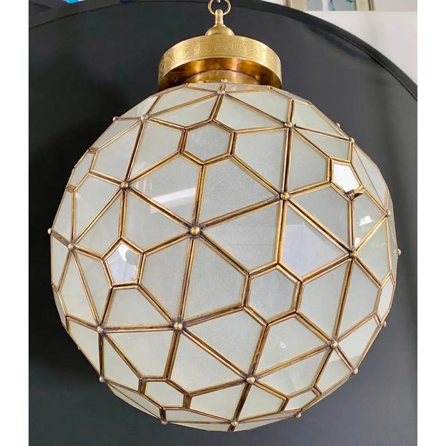 Art Deco Style Globe White Milk Glass & Brass Pendant Chandelier Lantern For Sale - Image 11 of 15