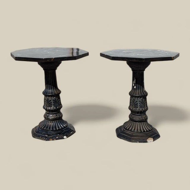 1960s Pair of Black Marble-Top Gothic Revival Pedestal Tables For Sale - Image 5 of 10