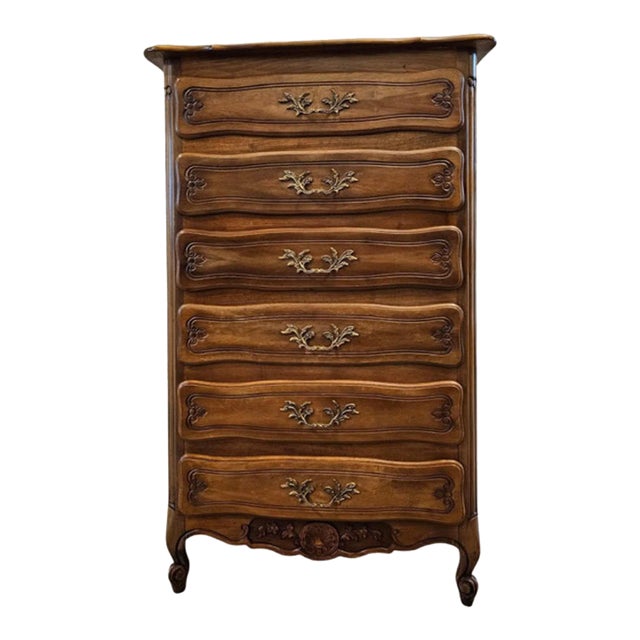 Vintage French Provincial Louis XV Style Walnut Oak Parquetry Semainier For Sale