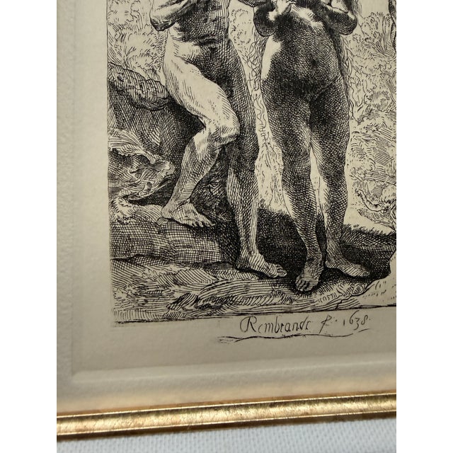 Baroque Rembrandt Van Rijn.Etching of Adam and Eve by the Dutch Master Framed Gold Frame With Linen Lining Mat For Sale - Image 3 of 7
