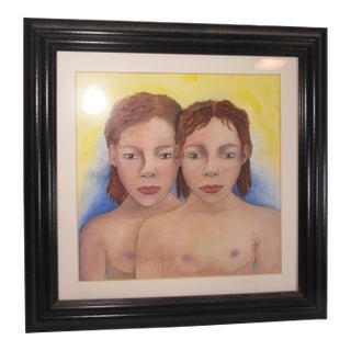 Vintage Original Painting Watercolor + Pen Twin Girls For Sale
