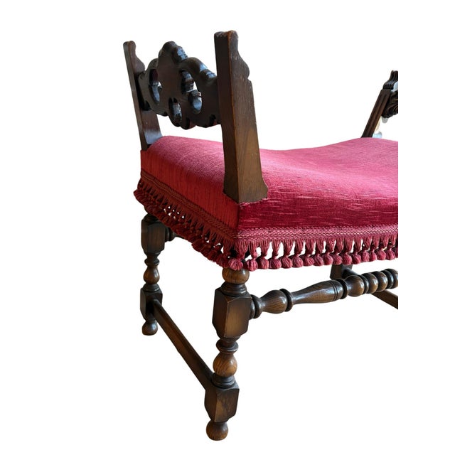 Wood Vintage American Furniture Company Upholstered Vanity Bench With Turned Legs and Tassel Trim For Sale - Image 7 of 12