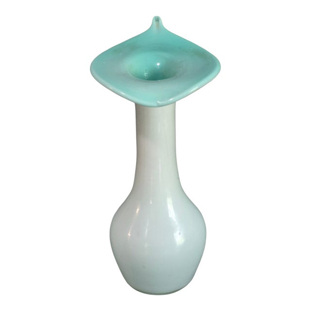 Vintage Hand Blown Art Glass Aqua Blue & White Jack-in-the-Pulpit Bud Vase For Sale