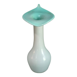 Vintage Hand Blown Art Glass Aqua Blue & White Jack-in-the-Pulpit Bud Vase