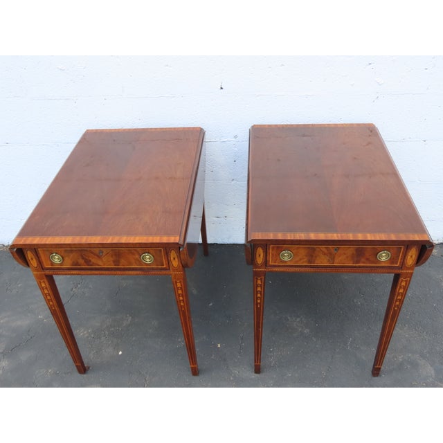 Wellington Hall Mahogany Inlay Drop Leaf Mahogany Side End Tables a Pair 6567 For Sale - Image 15 of 17