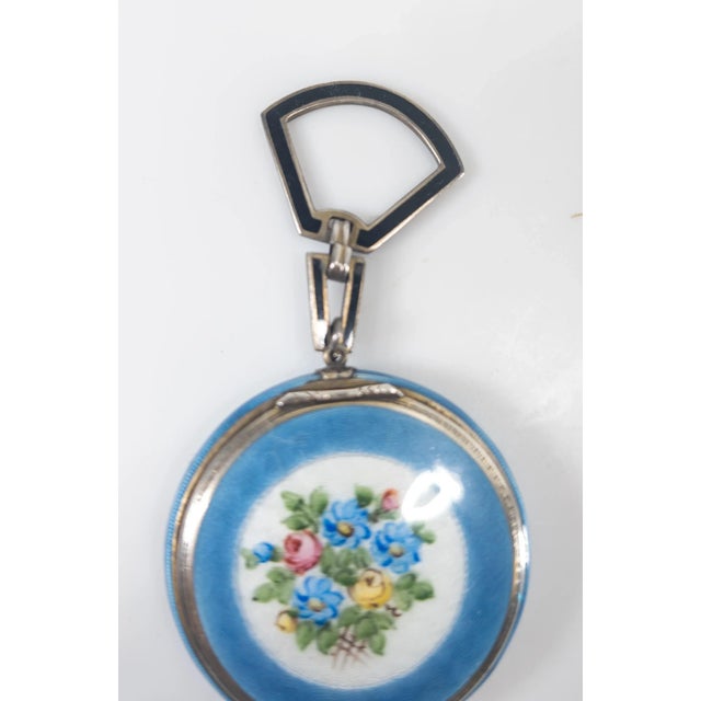 Art Deco Early 20th Century Blue Guilloche Enamel Floral and Sterling Silver Makeup Compact For Sale - Image 3 of 11