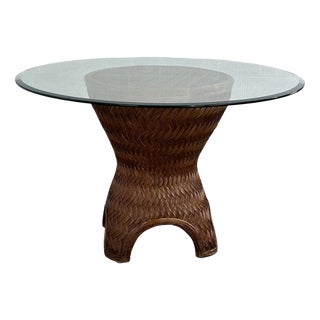 Woven Rattan and Beveled Glass Round Dining Table, 1970s For Sale