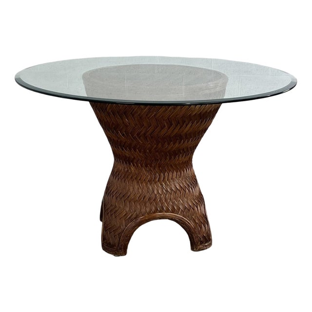 Woven Rattan and Beveled Glass Round Dining Table, 1970s For Sale